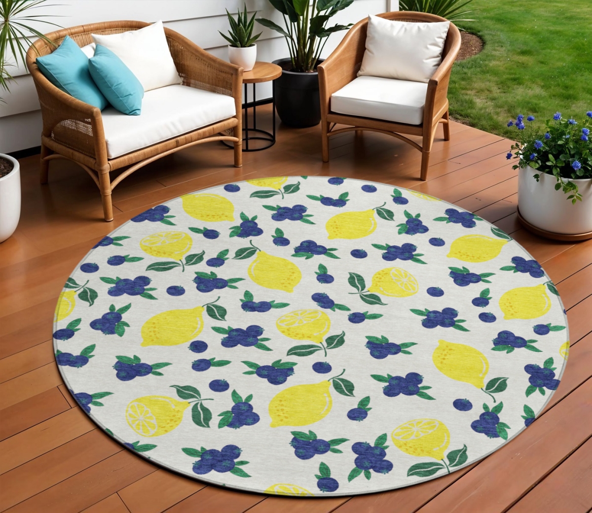 661137 8 ft. Ivory Yellow & Blue Lemons Washable Transitional Indoor & Outdoor Round Area Rug