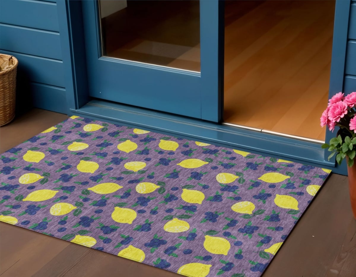 661141 3 x 5 ft. Lavender Yellow & Blue Lemons Washable Transitional Indoor & Outdoor Rectangle Area Rug