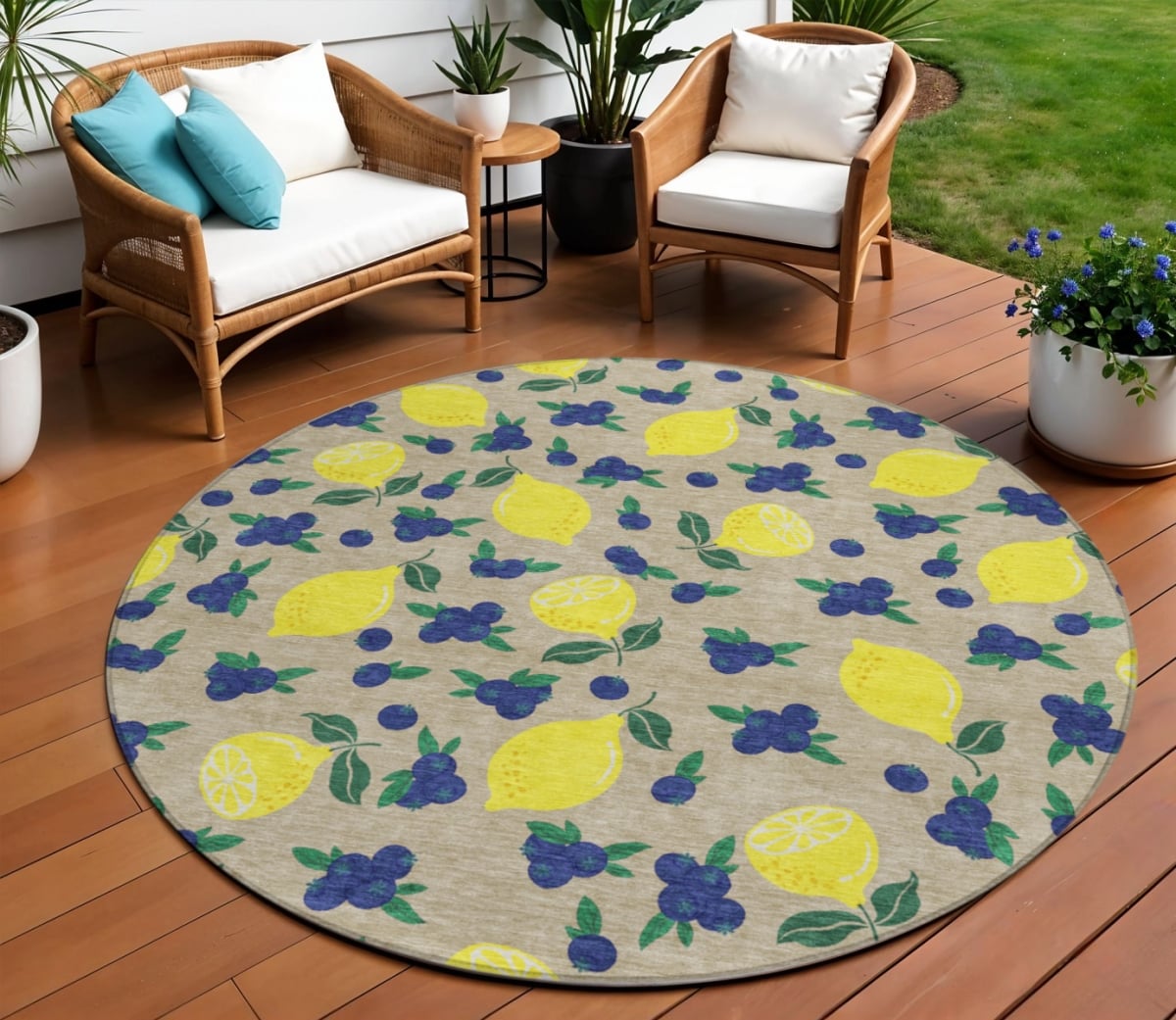 661155 8 ft. Stone Yellow & Blue Lemons Washable Transitional Indoor & Outdoor Round Area Rug