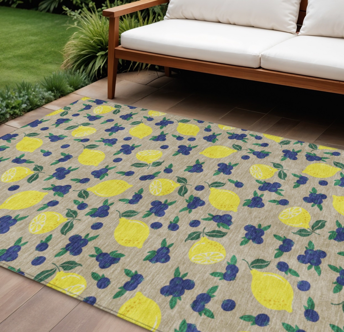 661158 10 x 14 ft. Stone Yellow & Blue Lemons Washable Transitional Indoor & Outdoor Rectangle Area Rug