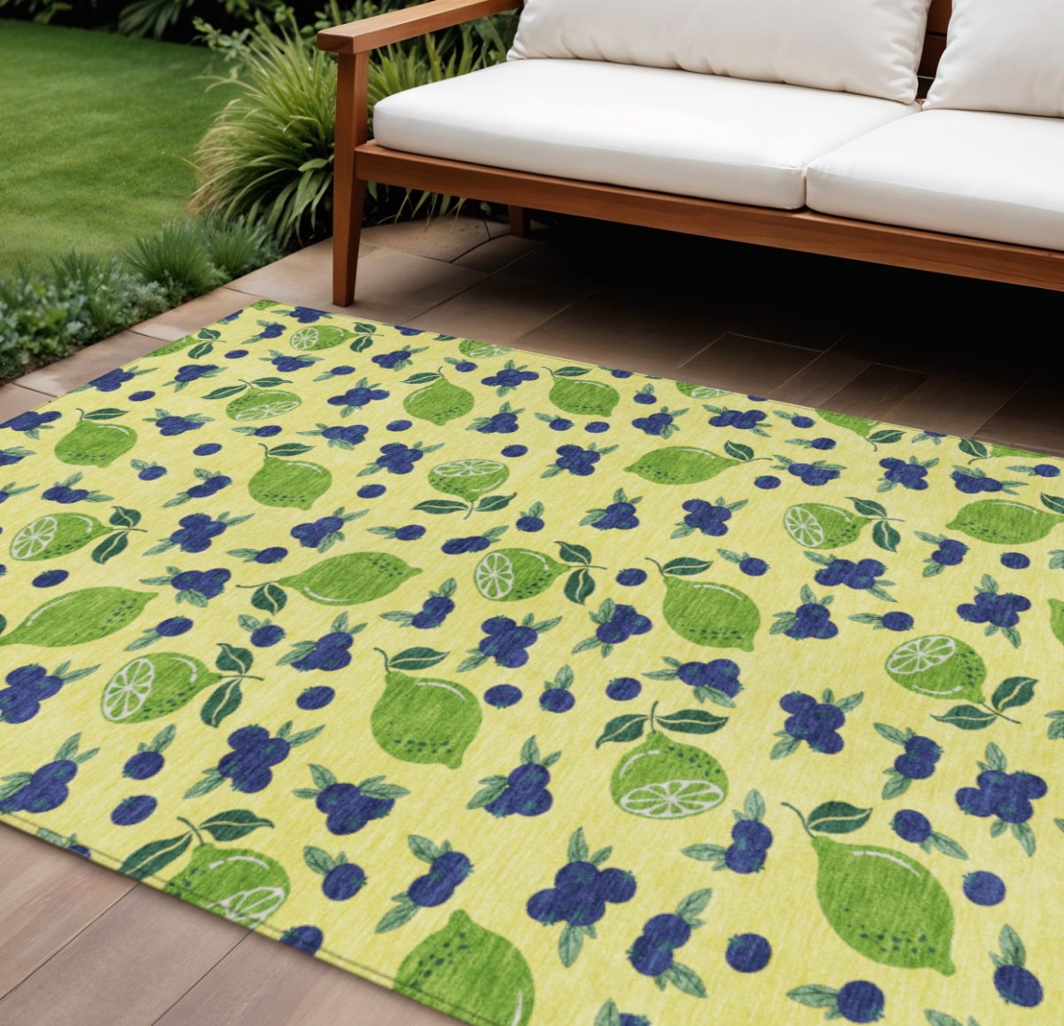 661170 10 x 14 ft. Yellow Blue & Green Lemons Washable Transitional Indoor & Outdoor Rectangle Area Rug
