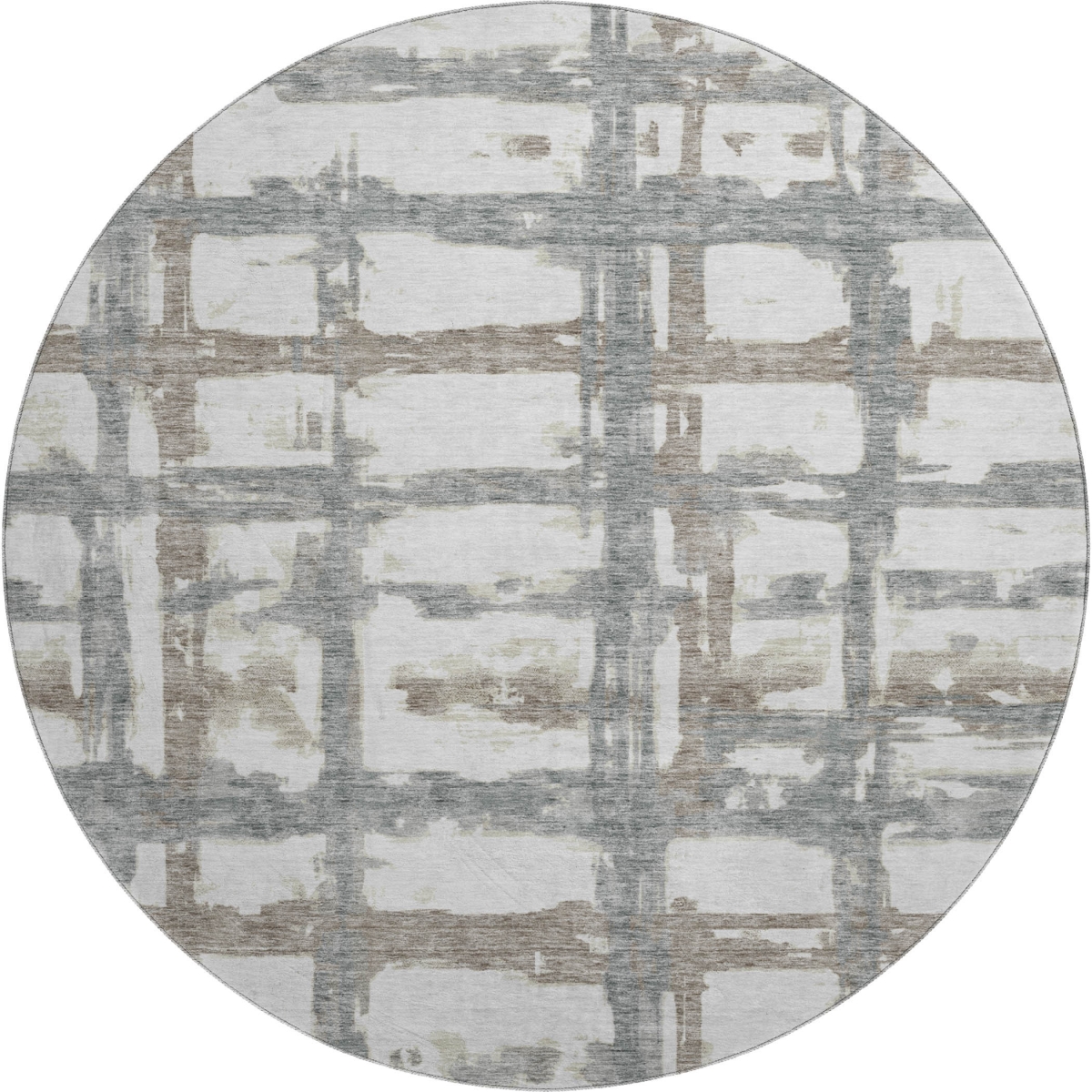 662804 8 ft. Silver Ivory & Gray Striped Transitional Washable Round Area Rug with UV Protection