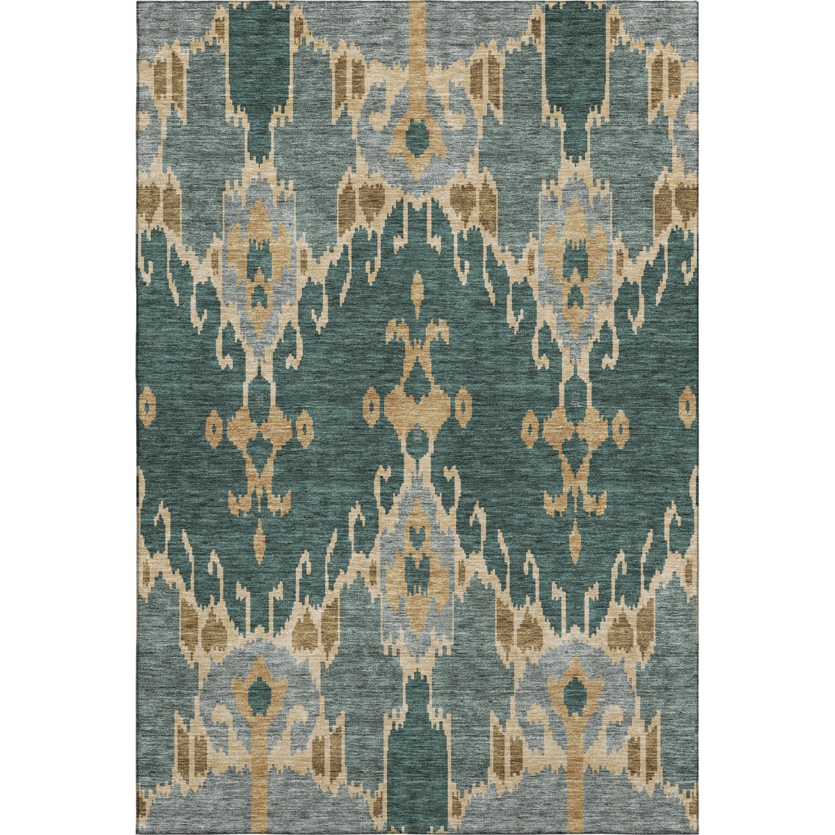662977 5 x 8 ft. Emerald Gold & Gray Ikat Washable Machine Made Rectangle Area Rug with UV Protection