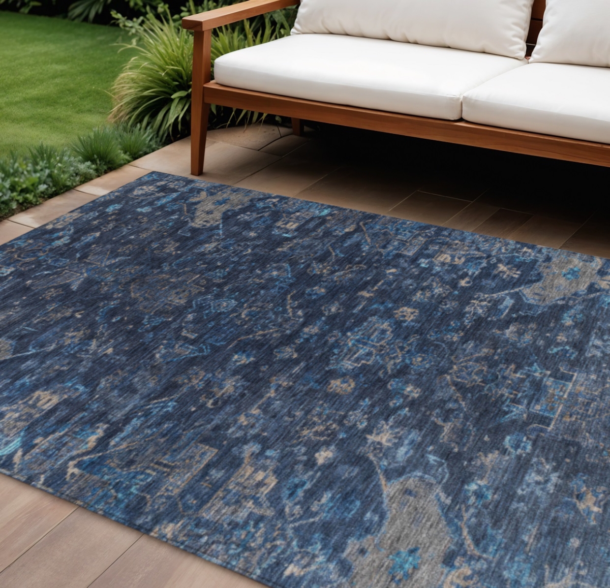 659268 9 x 12 ft. Navy Blue & Gray Medallion Washable Traditional Indoor & Outdoor Rectangle Area Rug