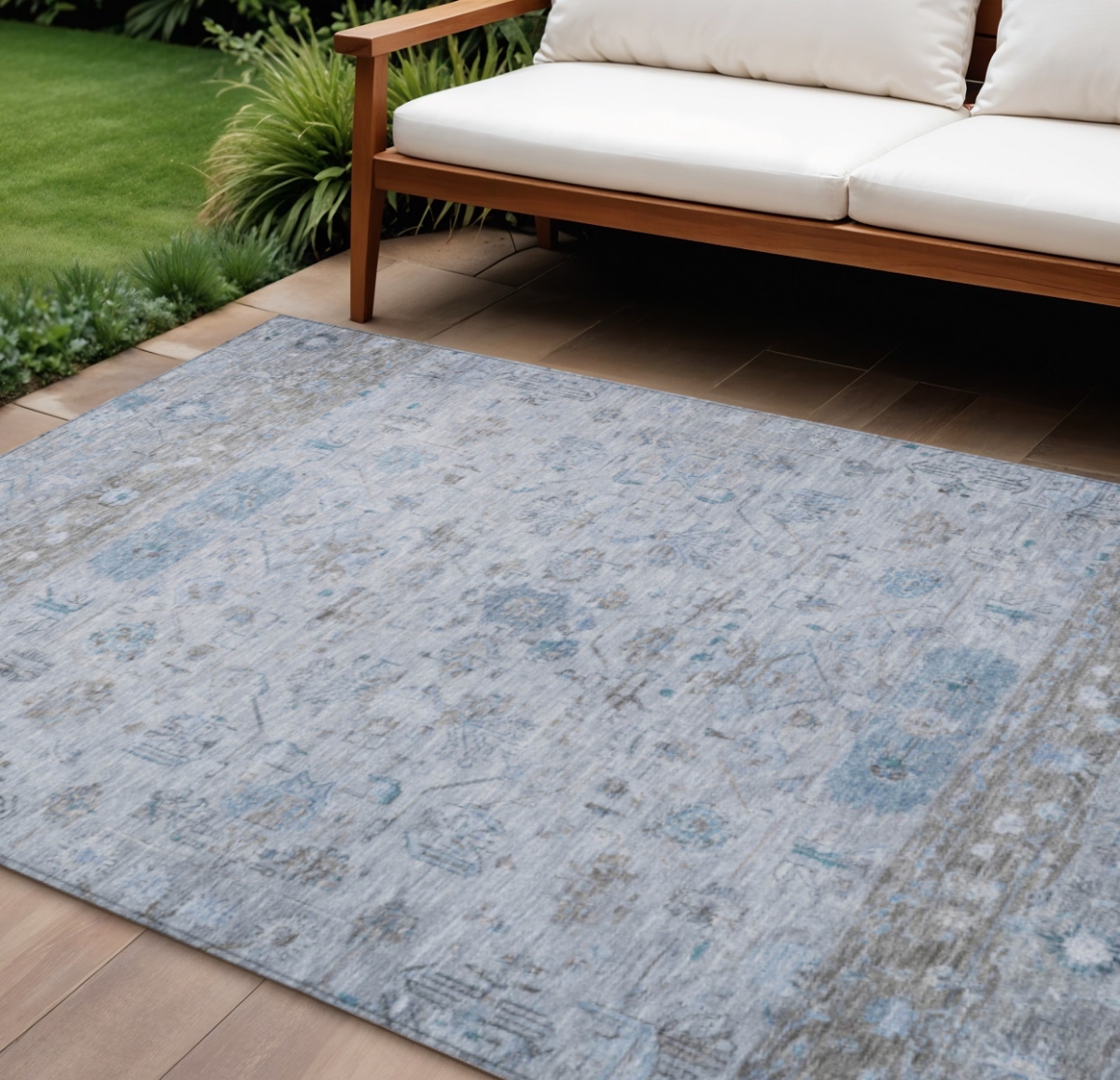 659328 9 x 12 ft. Sky Blue, Gray & Ivory Tribal Washable Traditional Indoor & Outdoor Rectangle Area Rug