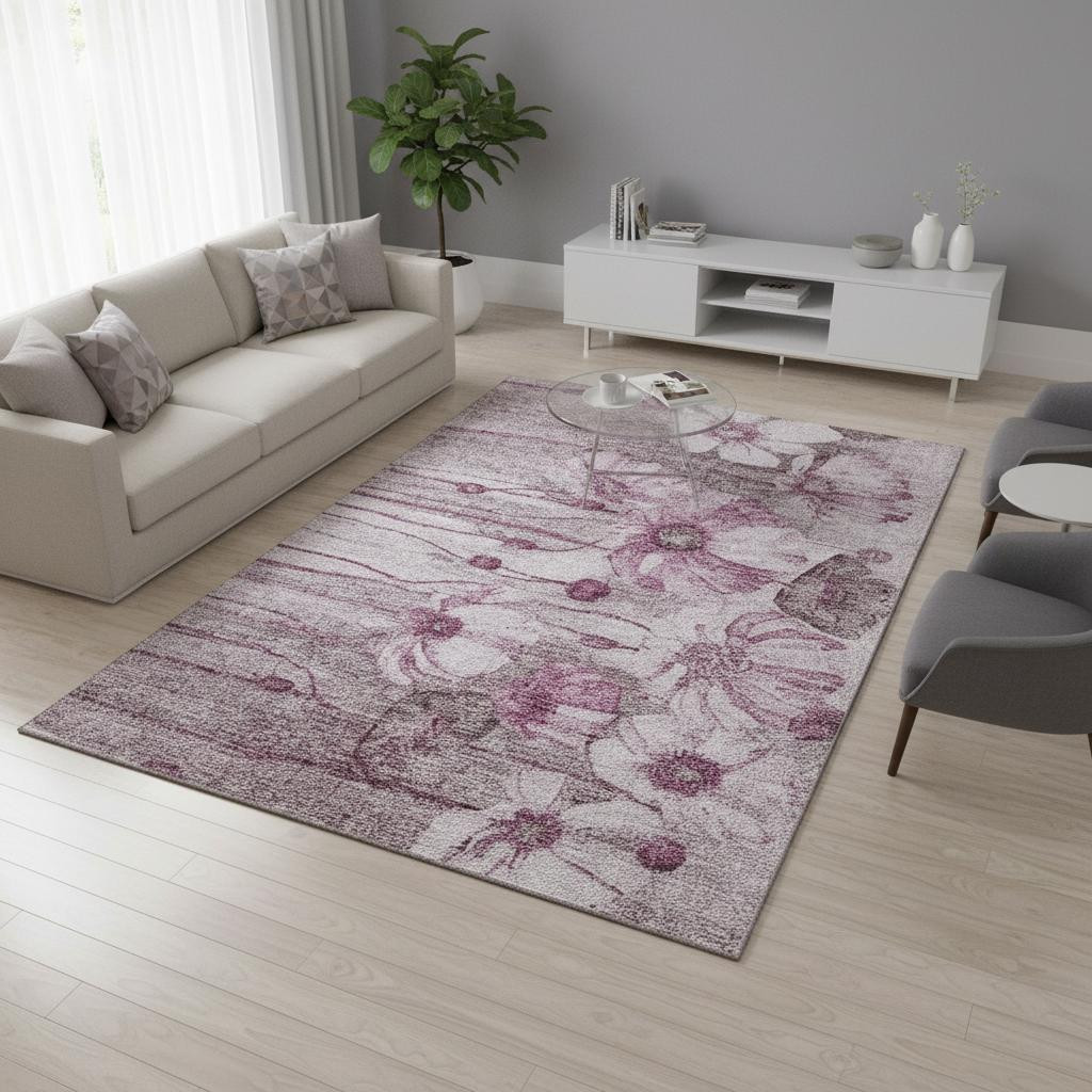 657307 5 x 8 ft. Plum & Ivory Floral Transitional Washable Machine Made Rectangle Area Rug with UV Protection