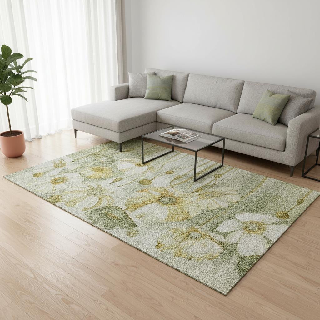 657322 9 x 12 ft. Sage Gold & Ivory Floral Washable Machine Made Rectangle Area Rug with UV Protection