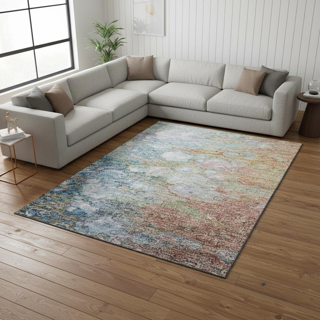 656716 9 x 12 ft. Coral Blue & Ivory Abstract Washable Machine Made Rectangle Area Rug with UV Protection