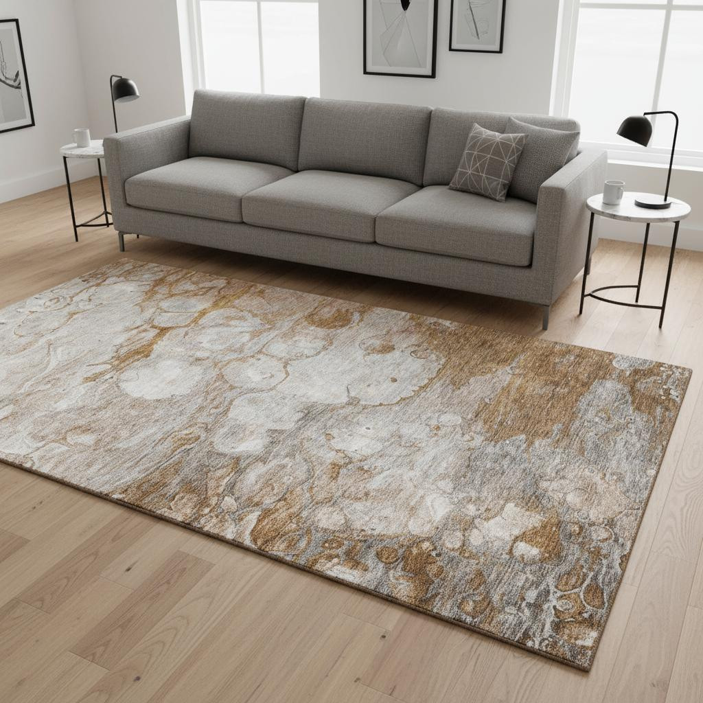 656731 5 x 8 ft. Terra Cotta Ivory & Gray Abstract Transitional Washable Machine Made Rectangle Area Rug with UV Protection