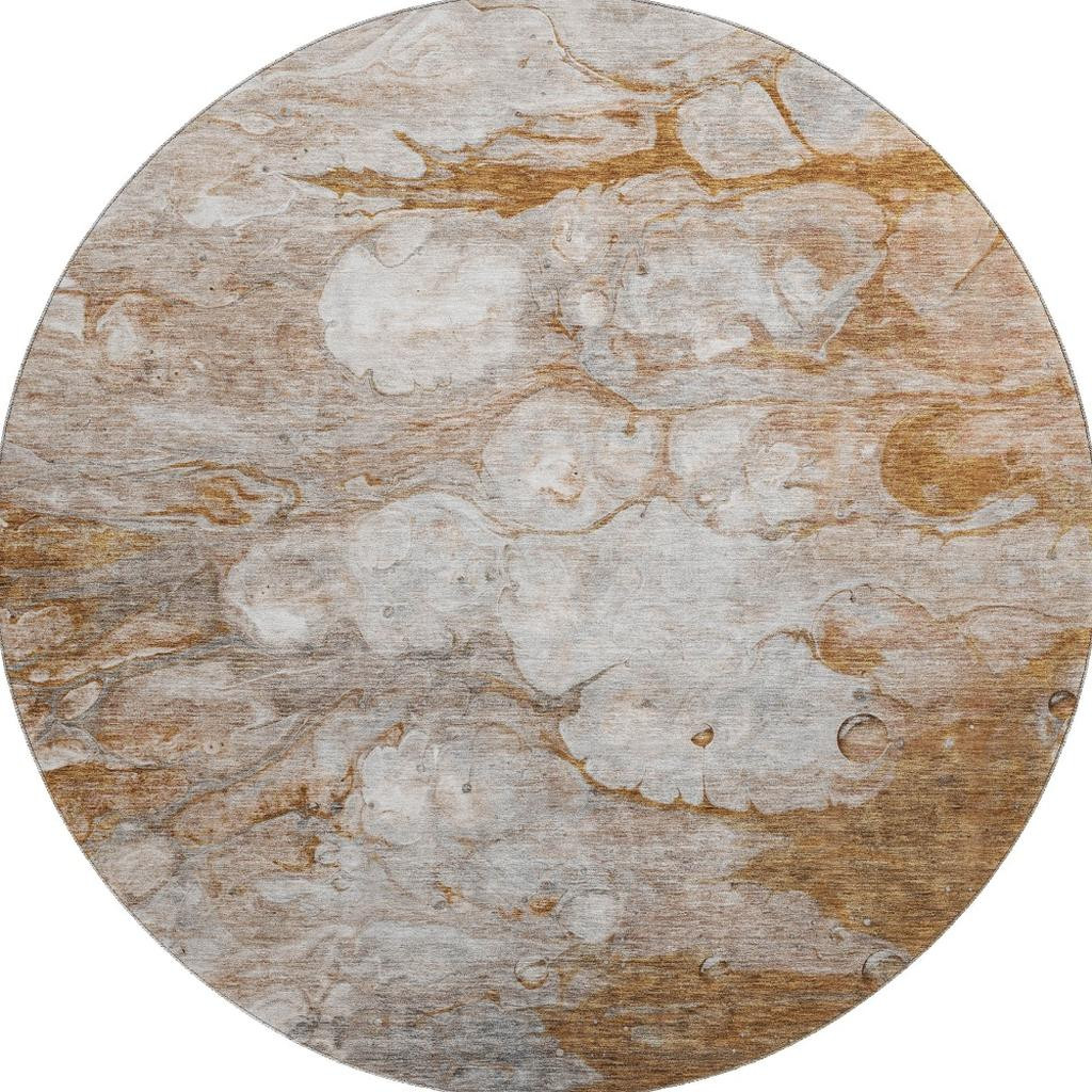 656732 8 ft. Terra Cotta Ivory & Gray Abstract Transitional Washable Round Area Rug with UV Protection