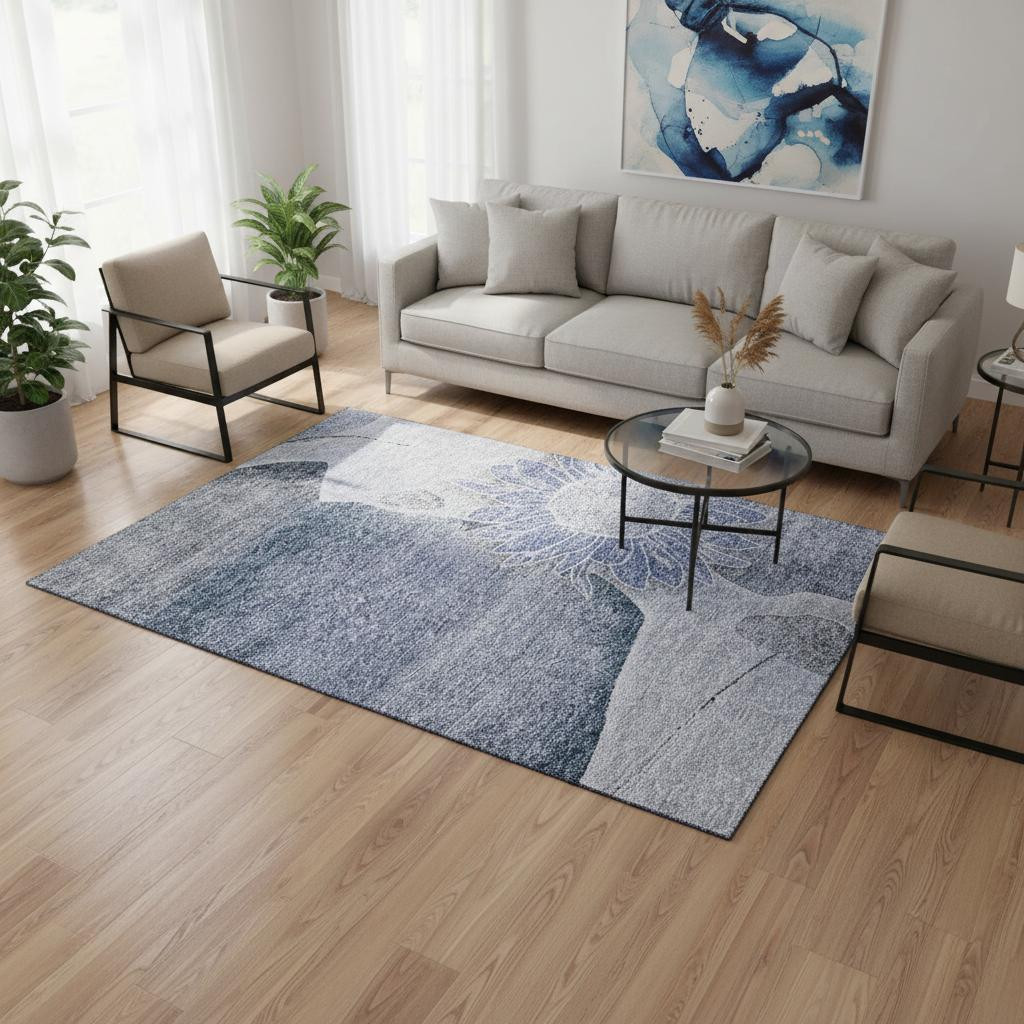 656791 5 x 8 ft. Blue & Ivory Floral Transitional Washable Machine Made Rectangle Area Rug with UV Protection