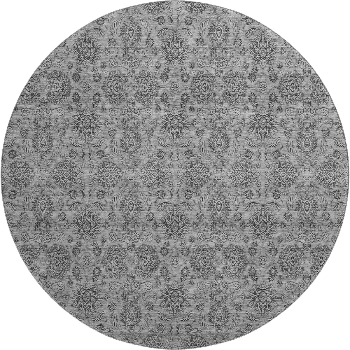 656822 8 ft. Gray & Silver Floral Transitional Washable Round Area Rug with UV Protection