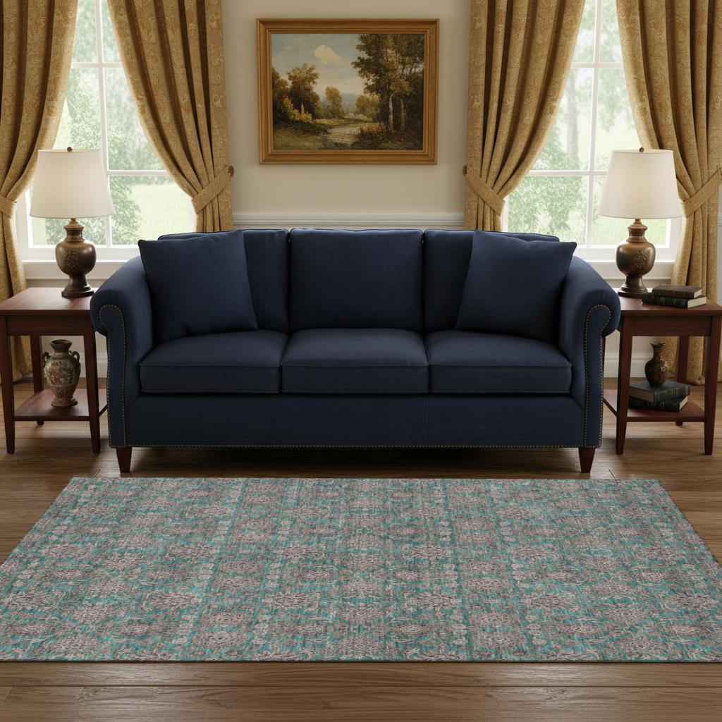 656857 5 x 8 ft. Teal & Beige Floral Transitional Washable Machine Made Rectangle Area Rug with UV Protection