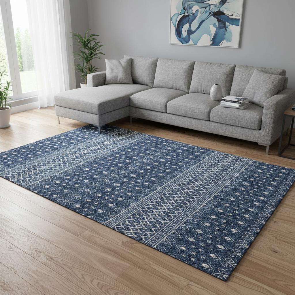 657123 8 x 10 ft. Navy Blue & Ivory Tribal Transitional Washable Machine Made Rectangle Area Rug with UV Protection