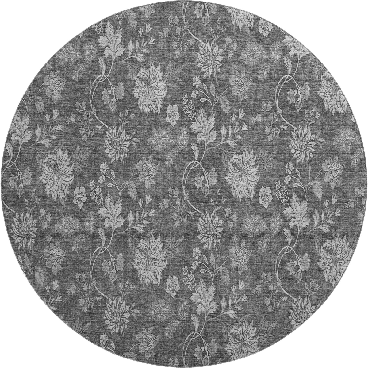655923 8 ft. Gray & Silver Floral Transitional Washable Round Area Rug with UV Protection