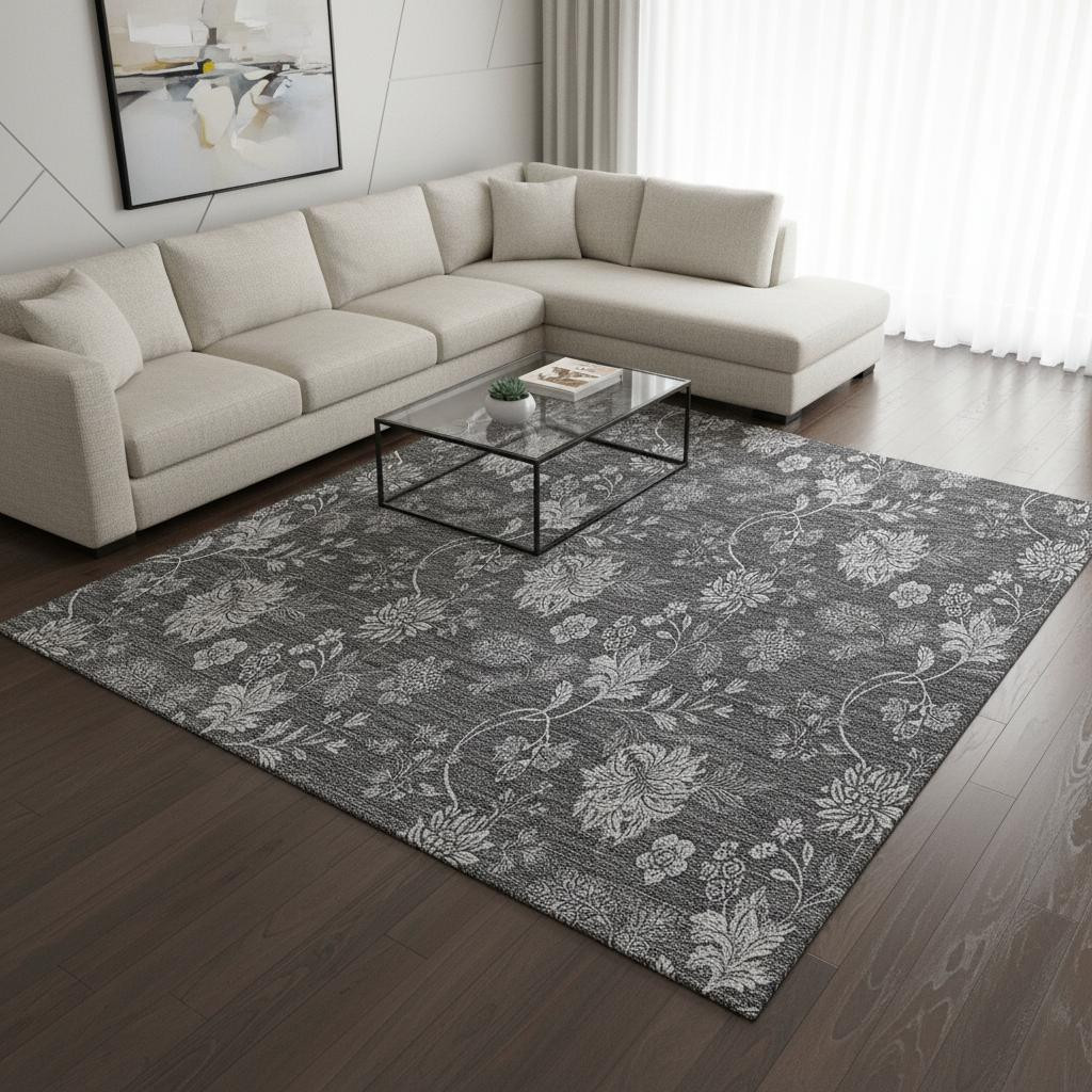 655924 8 x 10 ft. Gray & Silver Floral Transitional Washable Machine Made Rectangle Area Rug with UV Protection