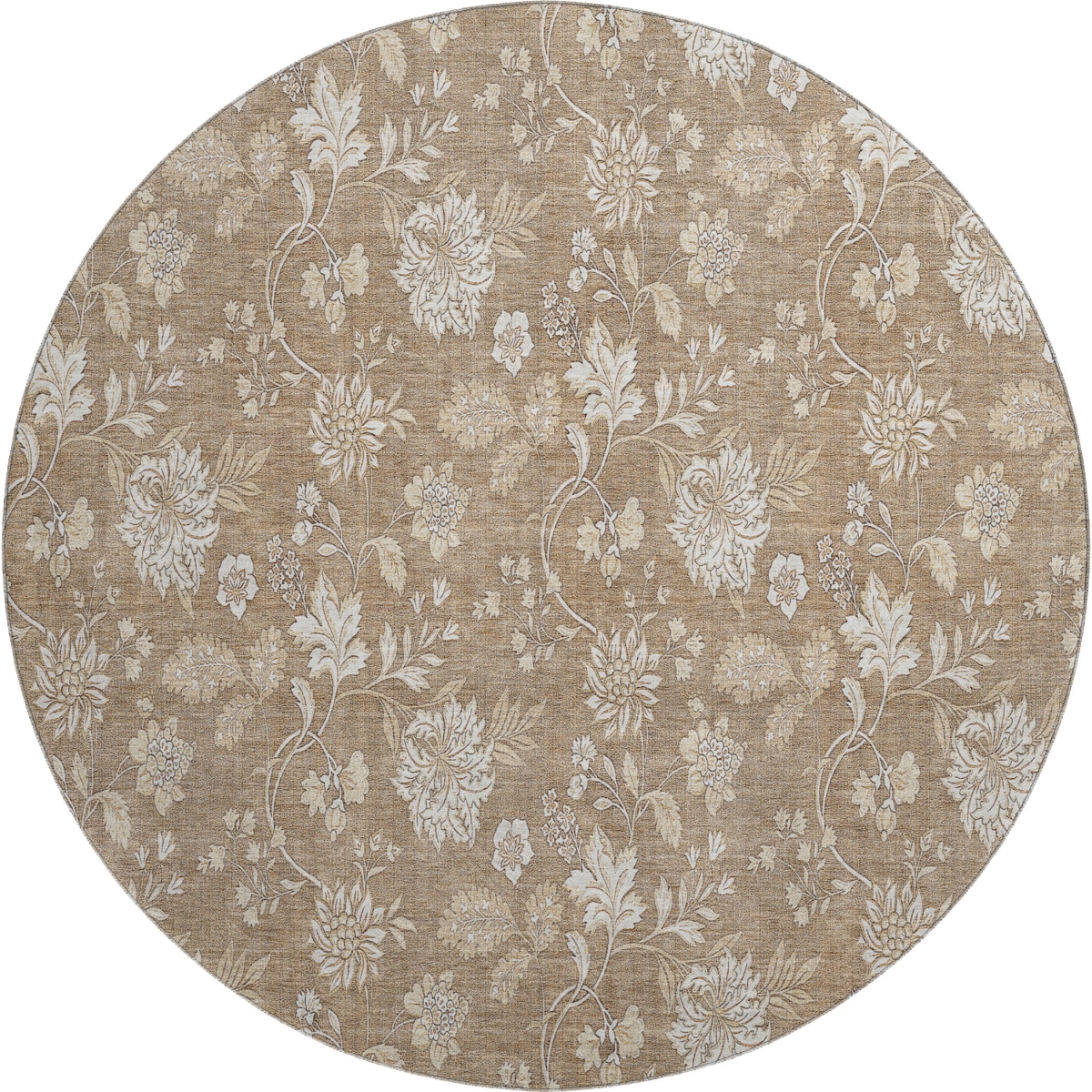655977 8 ft. Copper & Beige Floral Transitional Washable Round Area Rug with UV Protection