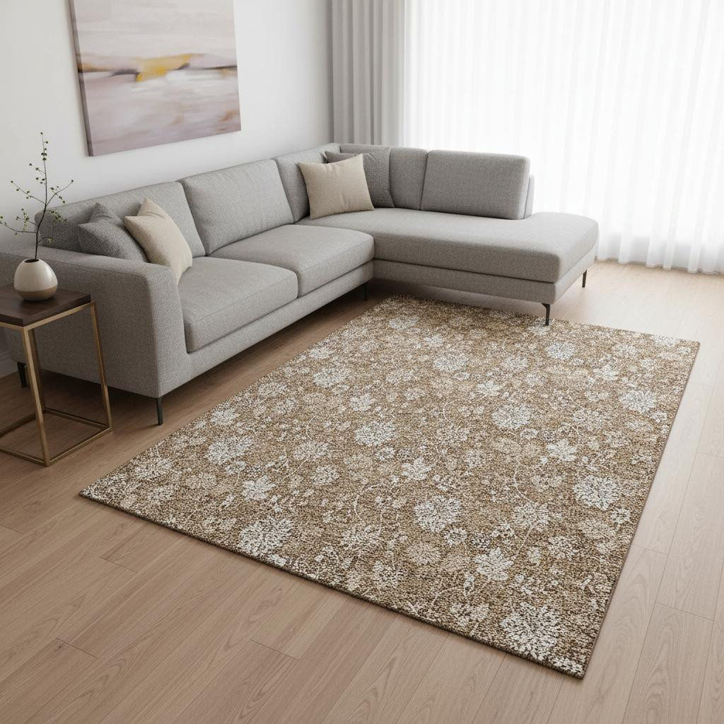 655980 10 x 14 ft. Copper & Beige Floral Transitional Washable Machine Made Rectangle Area Rug with UV Protection