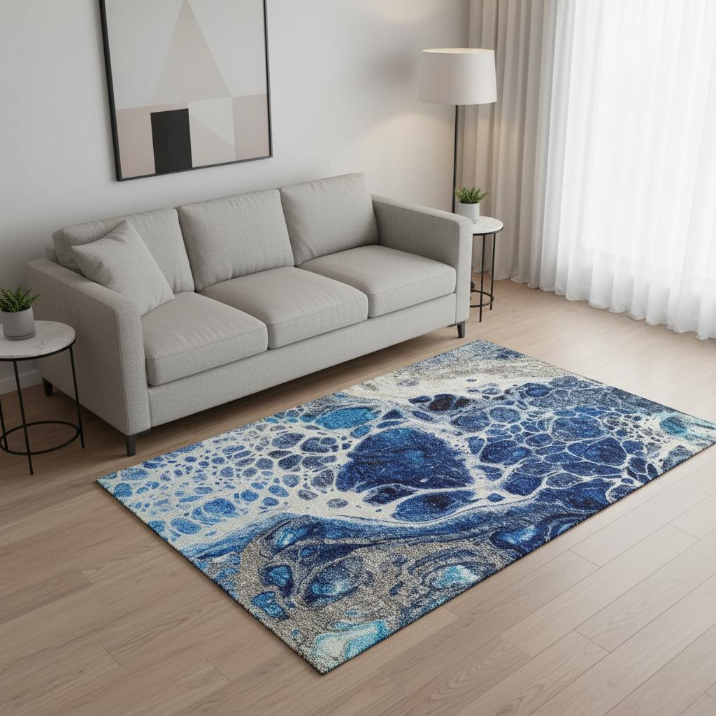 656048 5 x 8 ft. Navy Blue, Ivory & Gray Abstract Washable Machine Made Rectangle Area Rug with UV Protection