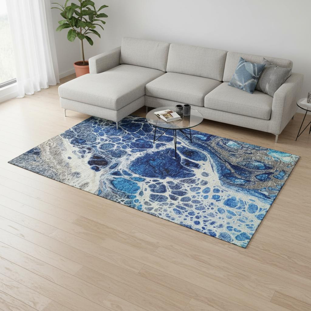 656052 10 x 14 ft. Navy Blue, Ivory & Gray Abstract Washable Machine Made Rectangle Area Rug with UV Protection