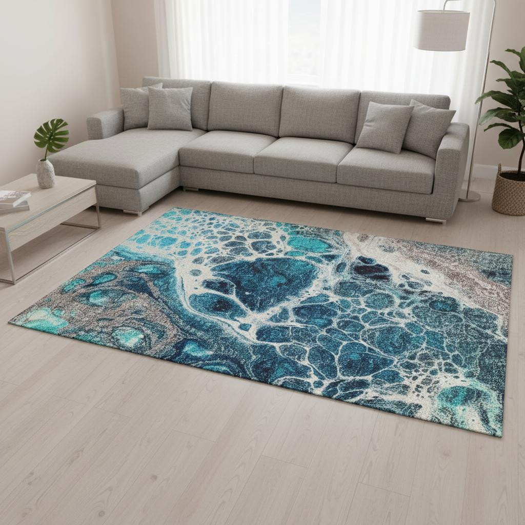 656068 8 x 10 ft. Teal Ivory & Gray Abstract Transitional Washable Machine Made Rectangle Area Rug with UV Protection