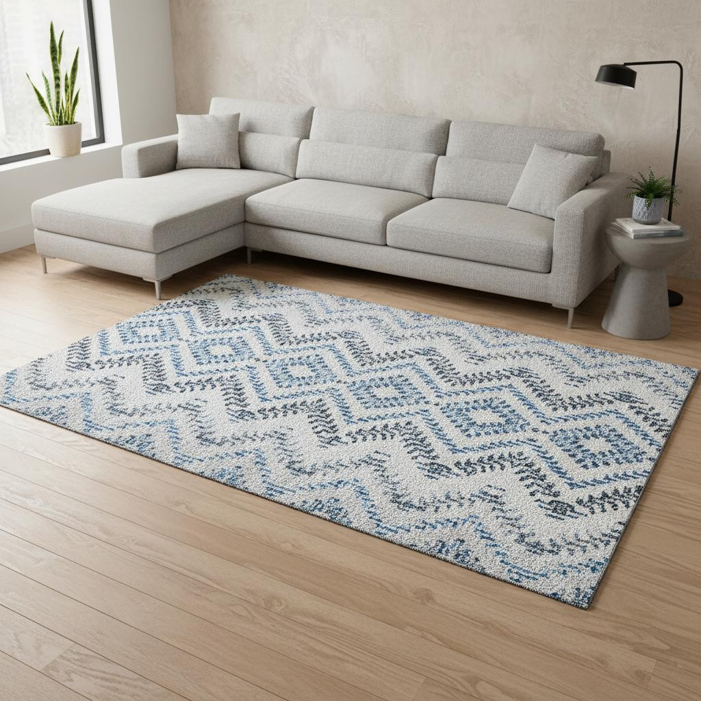 656105 9 x 12 ft. Blue & Ivory Geometric Transitional Washable Machine Made Rectangle Area Rug with UV Protection