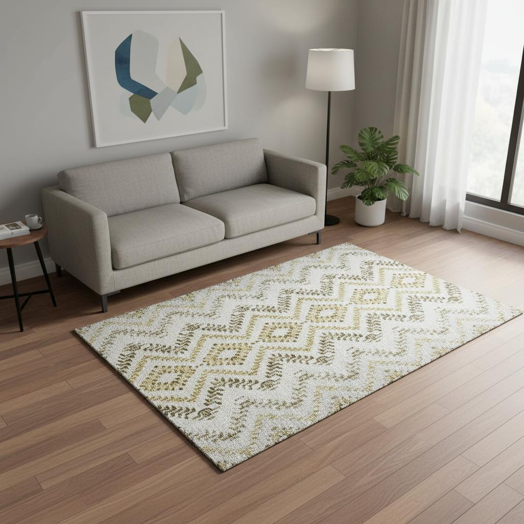 656120 5 x 8 ft. Taupe, Ivory & Gold Geometric Washable Machine Made Rectangle Area Rug with UV Protection