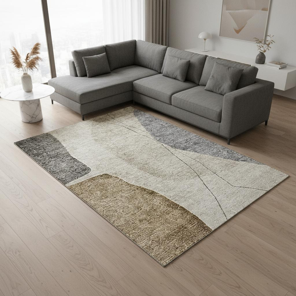 656590 9 x 12 ft. Taupe Beige & Gray Abstract Transitional Washable Machine Made Rectangle Area Rug with UV Protection