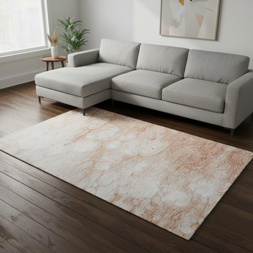 656759 10 x 14 ft. Coral & Ivory Abstract Transitional Washable Machine Made Rectangle Area Rug with UV Protection
