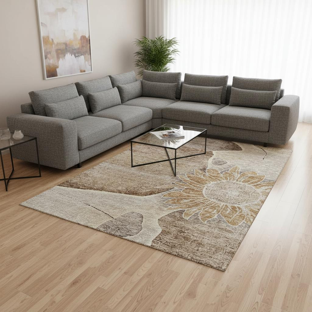 656789 10 x 14 ft. Brown & Beige Floral Transitional Washable Machine Made Rectangle Area Rug with UV Protection