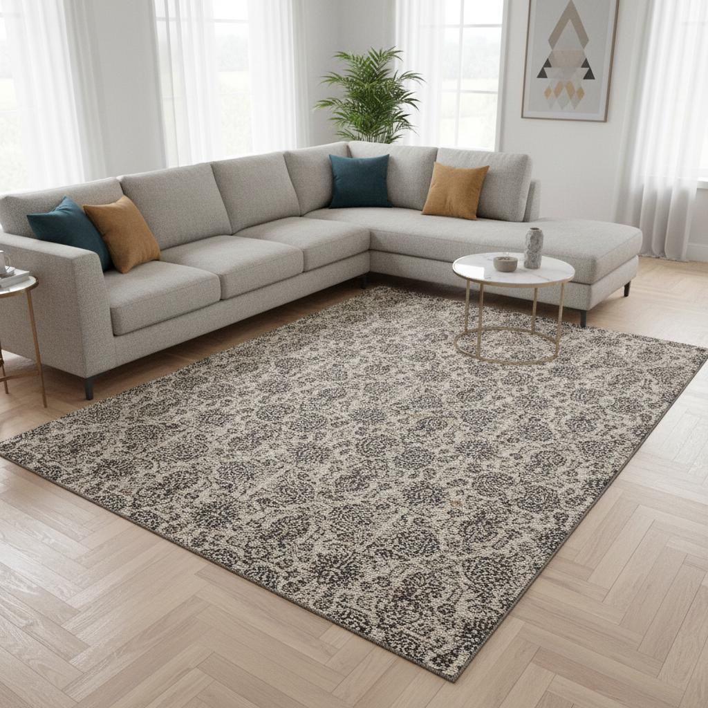 656830 9 x 12 ft. Ivory & Taupe Floral Washable Machine Made Rectangle Area Rug with UV Protection