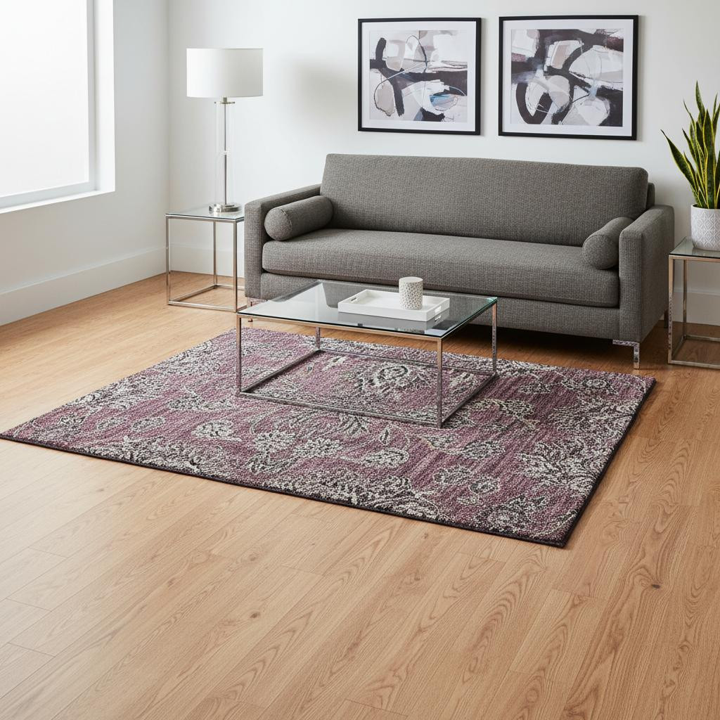 656833 5 x 8 ft. Merlot & Gray Floral Washable Machine Made Rectangle Area Rug with UV Protection