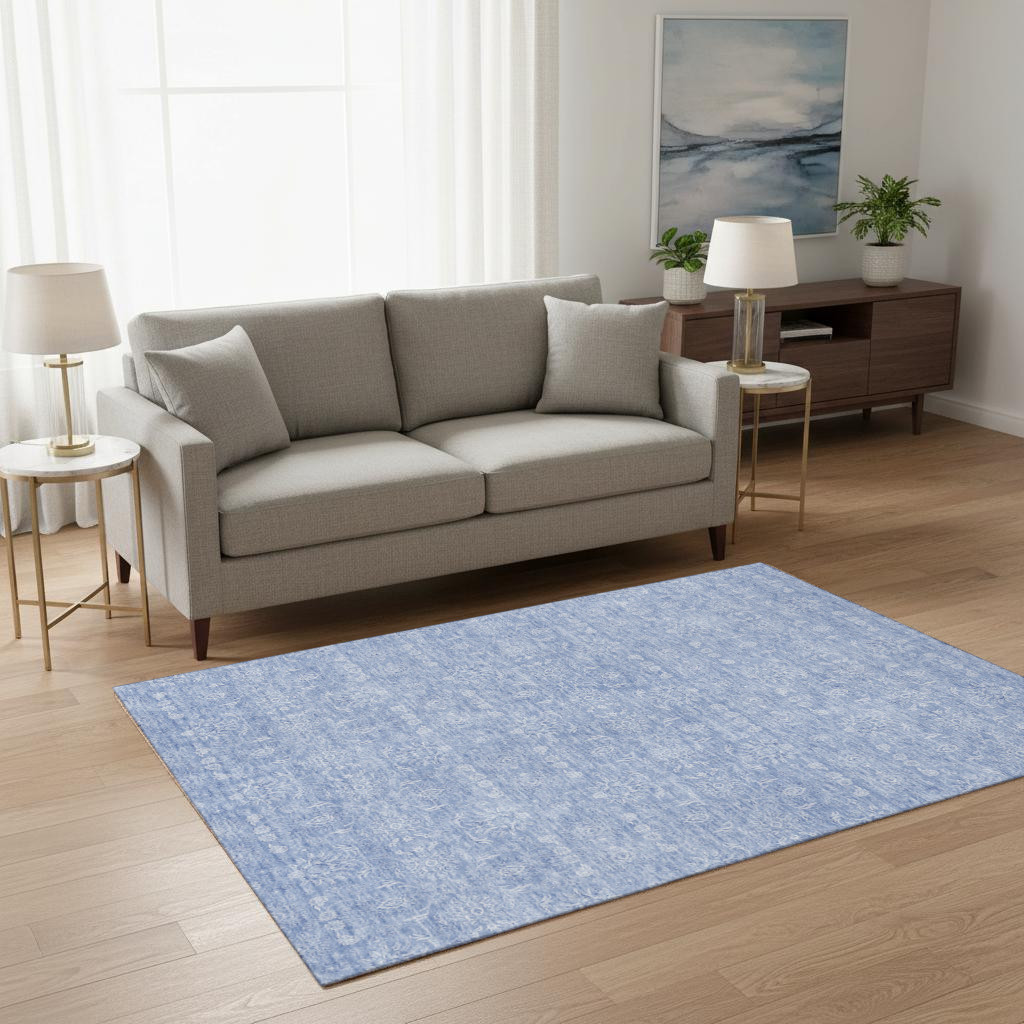 656917 5 x 8 ft. Sky Blue & Ivory Floral Transitional Washable Machine Made Rectangle Area Rug with UV Protection
