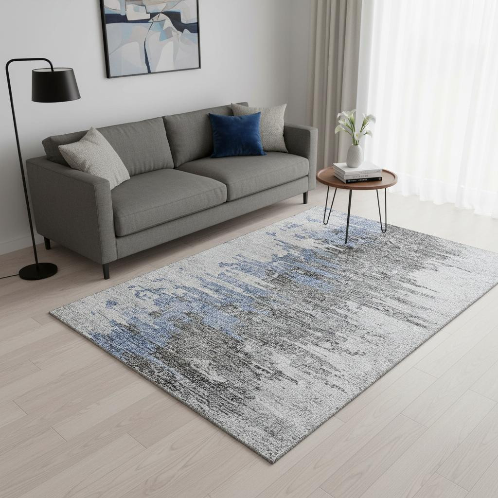656929 5 x 8 ft. Blue, Gray & Ivory Abstract Transitional Washable Machine Made Rectangle Area Rug with UV Protection