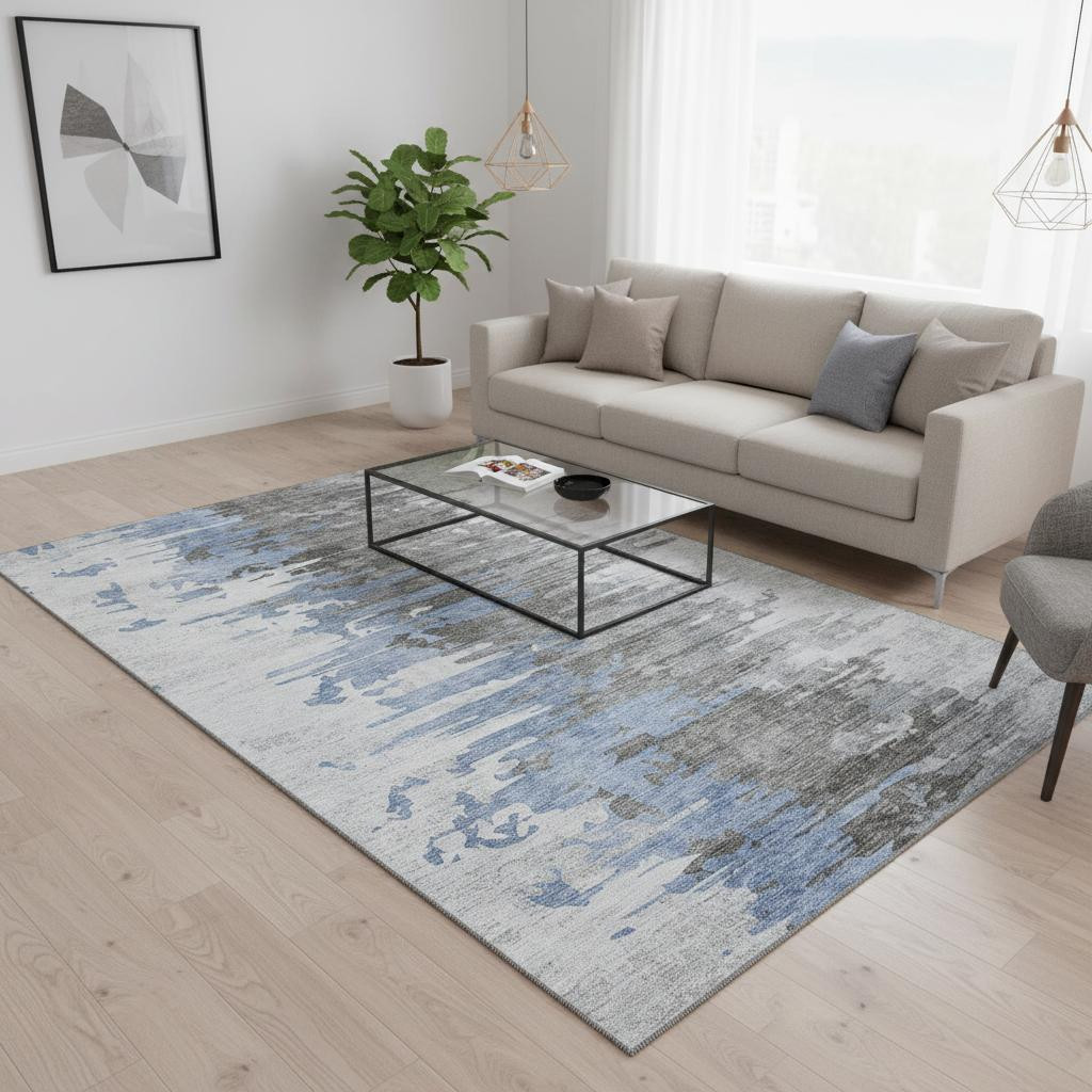 656932 9 x 12 ft. Blue, Gray & Ivory Abstract Transitional Washable Machine Made Rectangle Area Rug with UV Protection