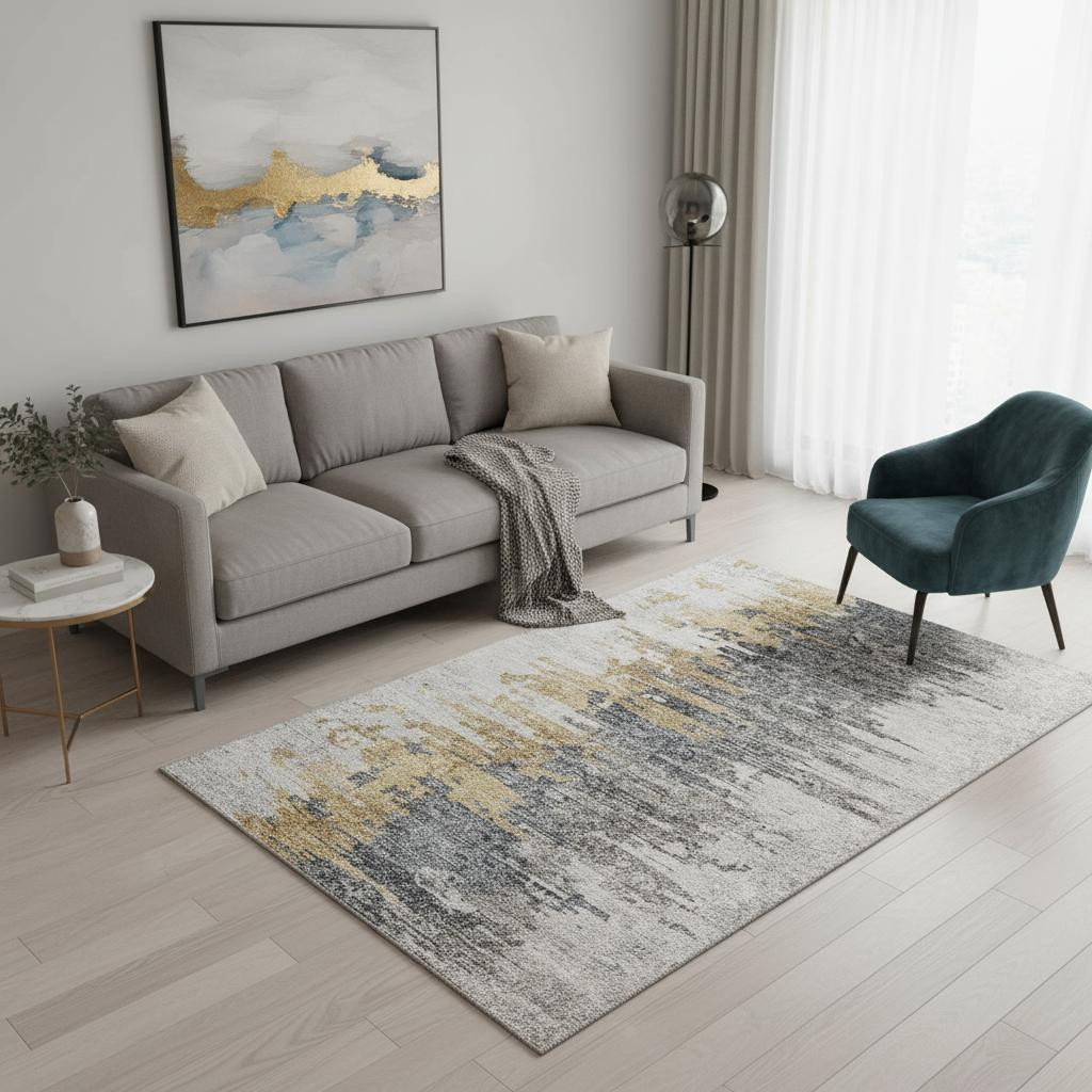 656941 5 x 8 ft. Ivory Gold & Gray Abstract Washable Machine Made Rectangle Area Rug with UV Protection