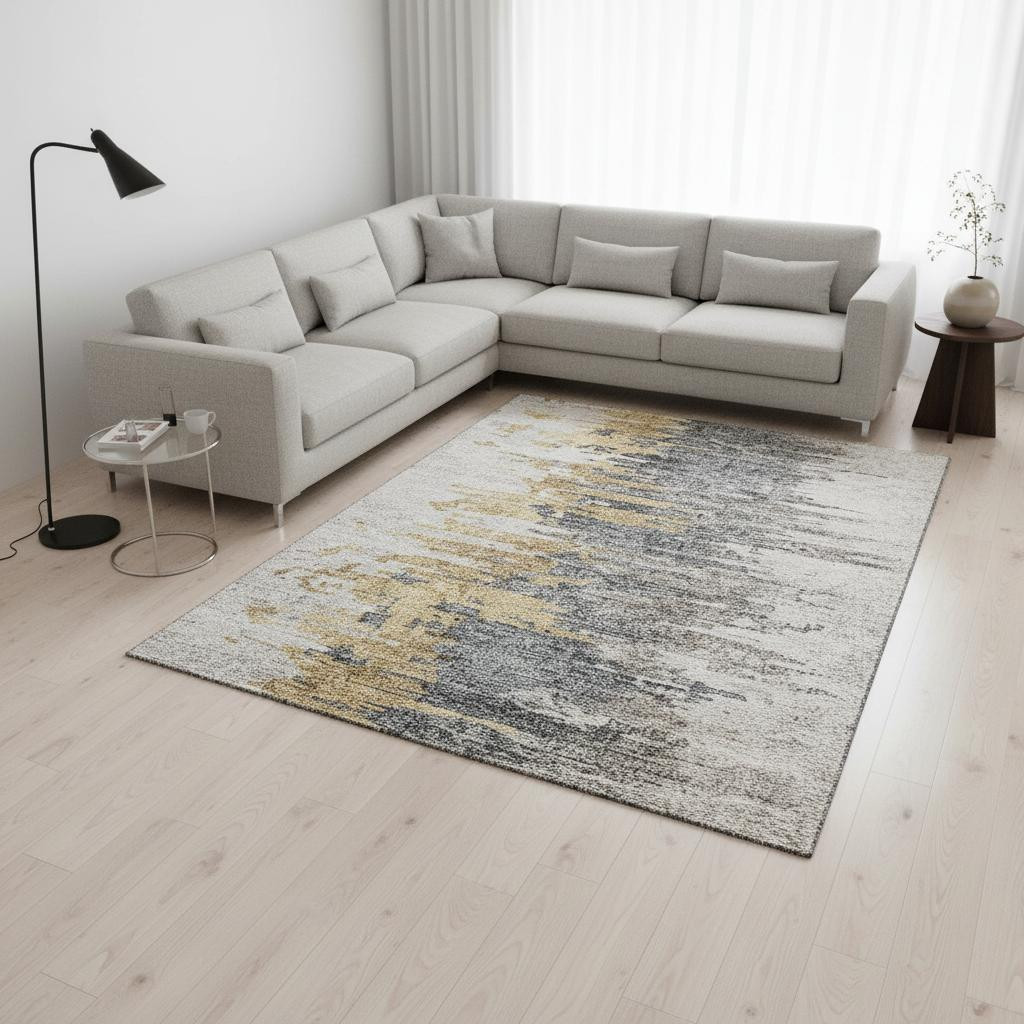 656944 9 x 12 ft. Ivory Gold & Gray Abstract Washable Machine Made Rectangle Area Rug with UV Protection