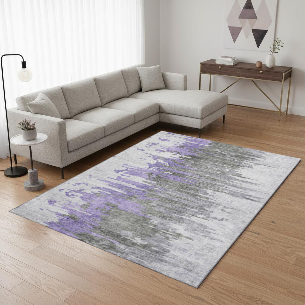 656951 10 x 14 ft. Purple, Gray & Ivory Abstract Transitional Washable Machine Made Rectangle Area Rug with UV Protection