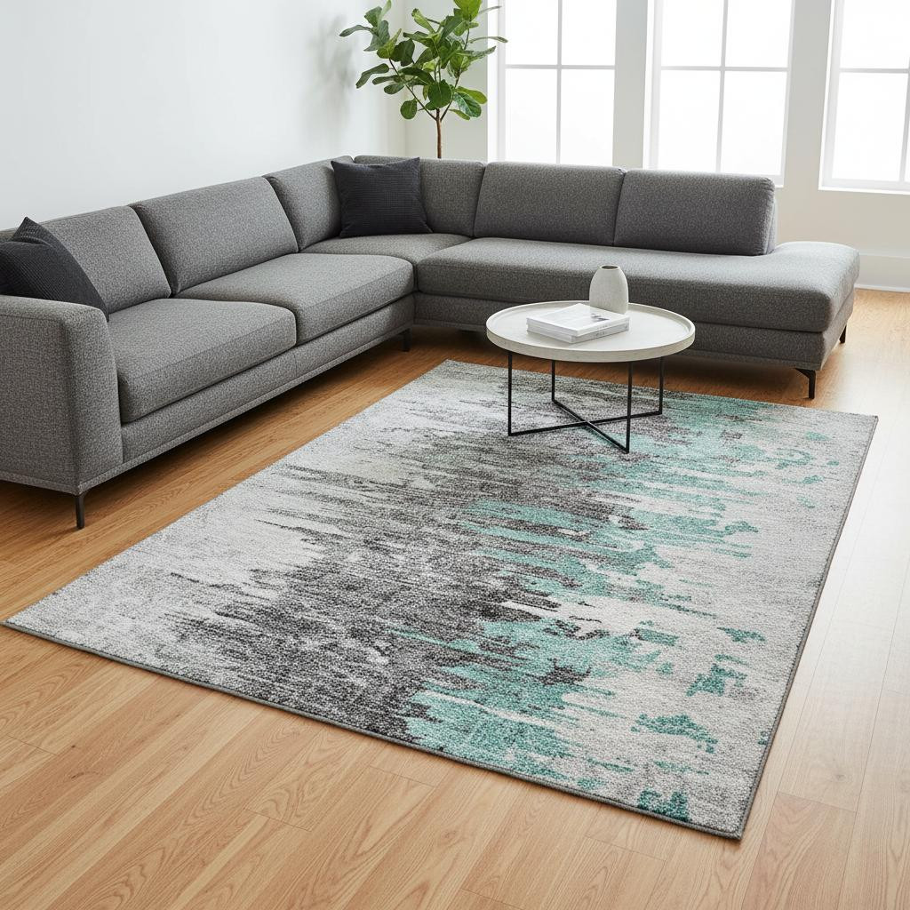 656962 9 x 12 ft. Teal, Gray & Ivory Abstract Transitional Washable Machine Made Rectangle Area Rug with UV Protection