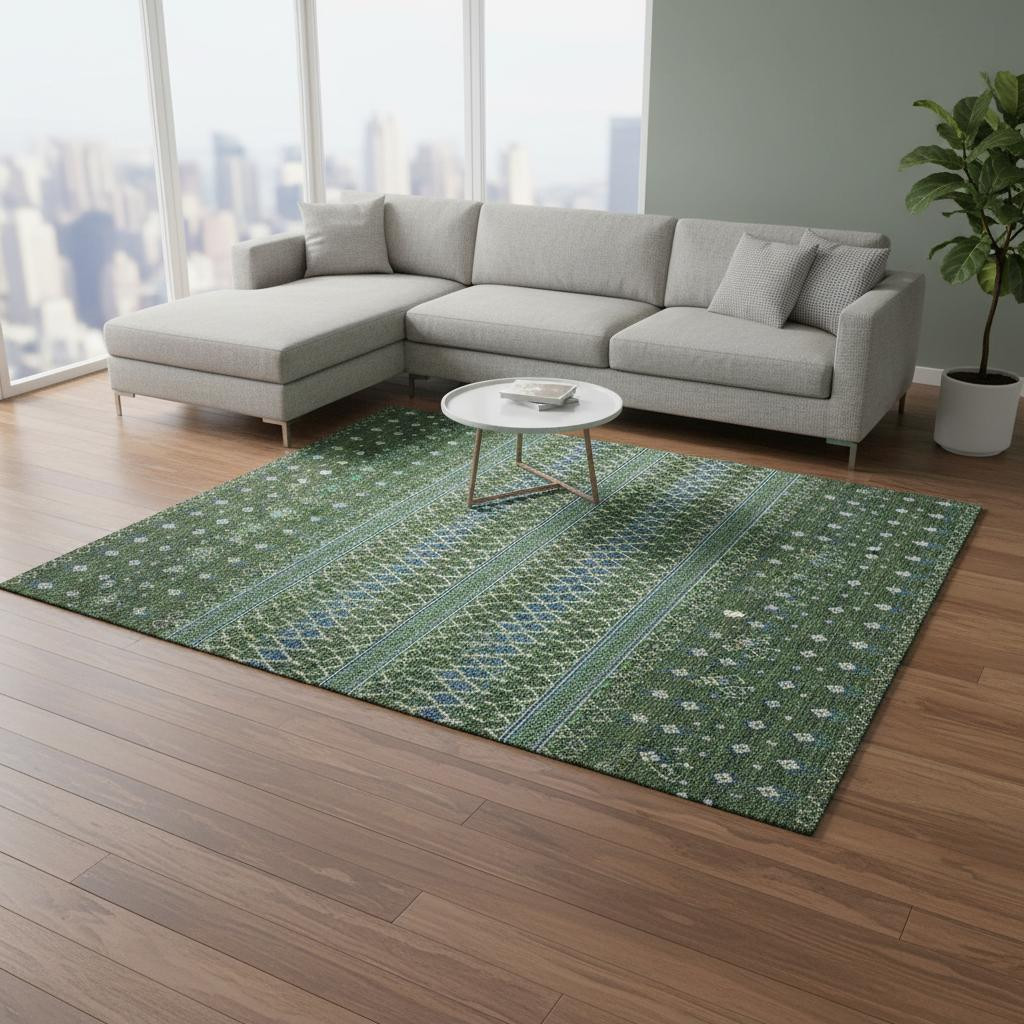 657129 8 x 10 ft. Olive Green Blue & Ivory Tribal Washable Machine Made Rectangle Area Rug with UV Protection