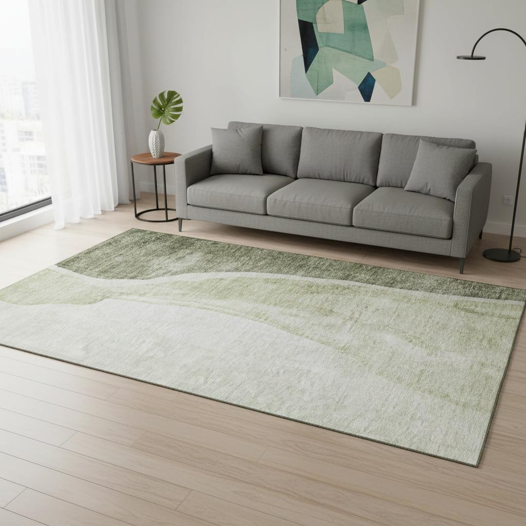 655326 5 x 8 ft. Olive Green & Ivory Abstract Transitional Washable Machine Made Rectangle Area Rug with UV Protection