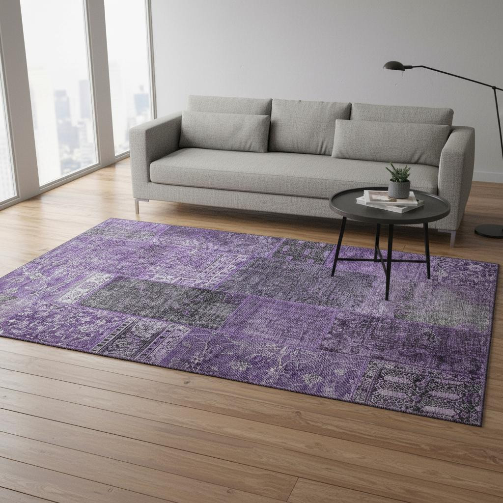 655429 5 x 8 ft. Eggplant & Gray Patchwork Washable Machine Made Rectangle Area Rug with UV Protection