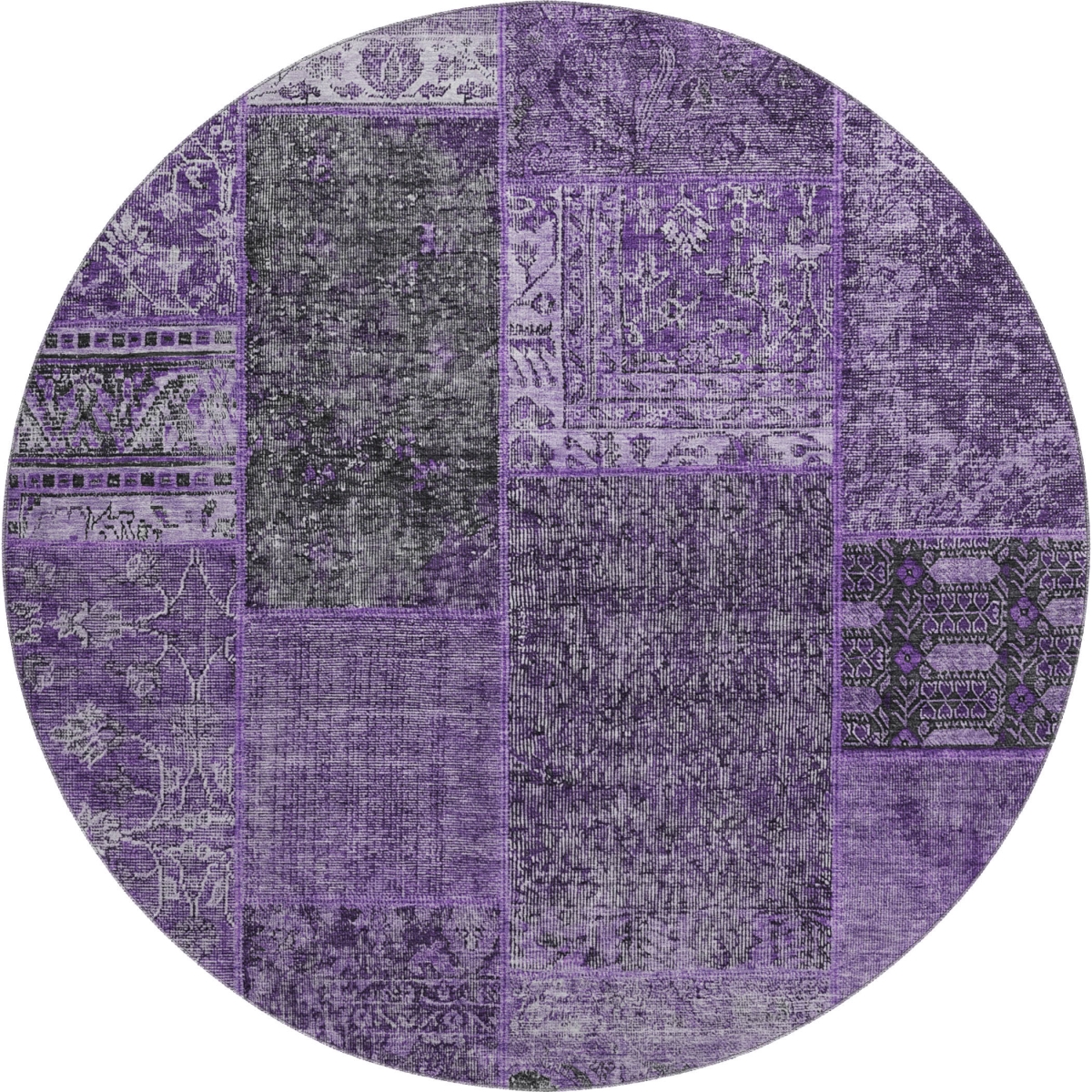 655430 8 ft. Eggplant & Gray Patchwork Washable Round Area Rug with UV Protection