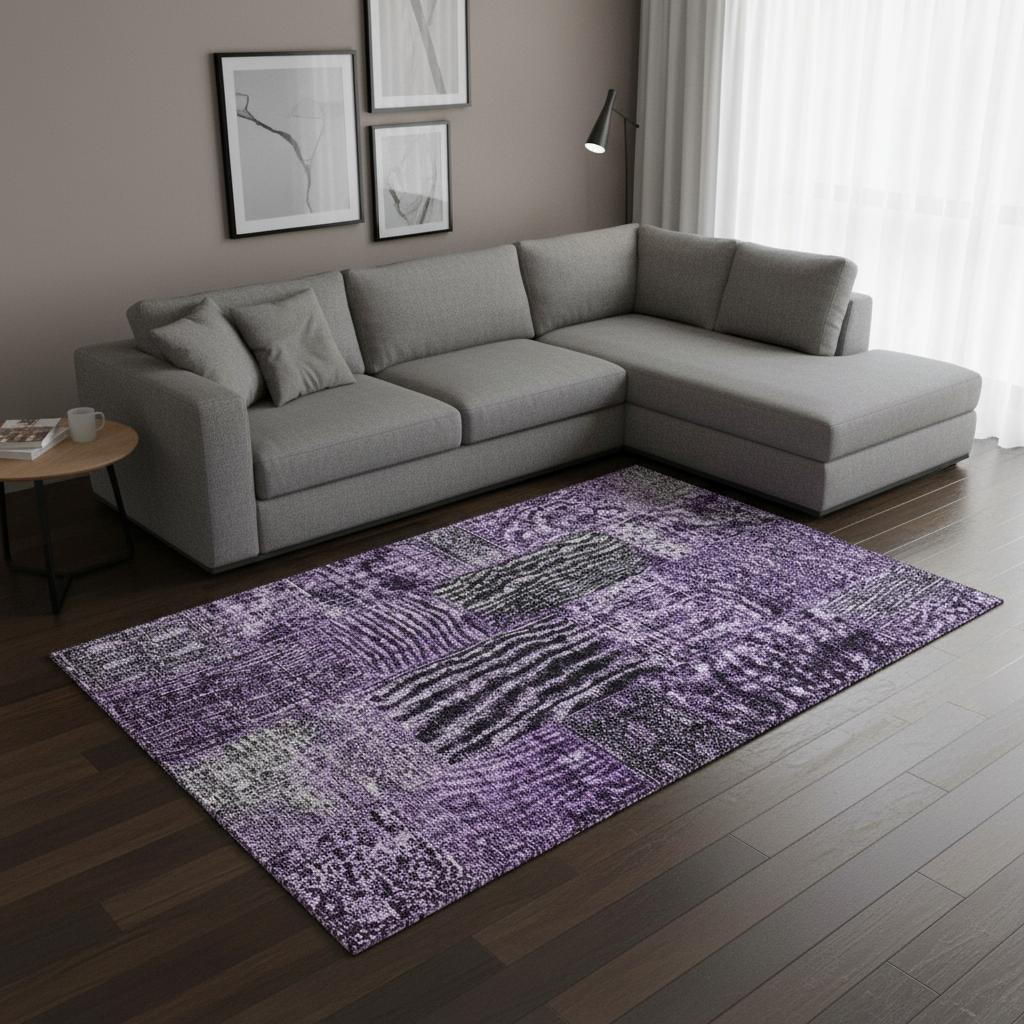 655433 10 x 14 ft. Eggplant & Gray Patchwork Washable Machine Made Rectangle Area Rug with UV Protection