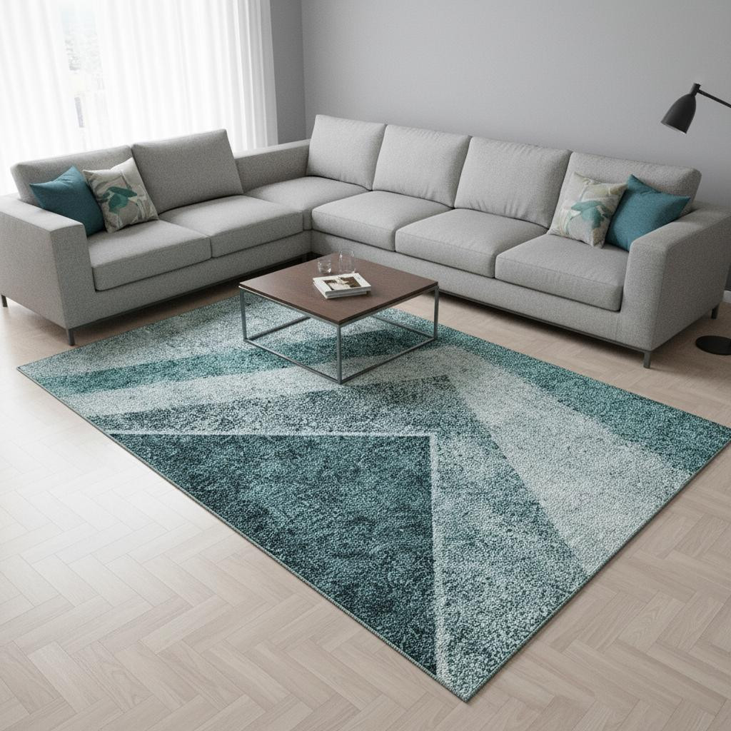 655578 9 x 12 ft. Teal & Ivory Geometric Transitional Washable Machine Made Rectangle Area Rug with UV Protection