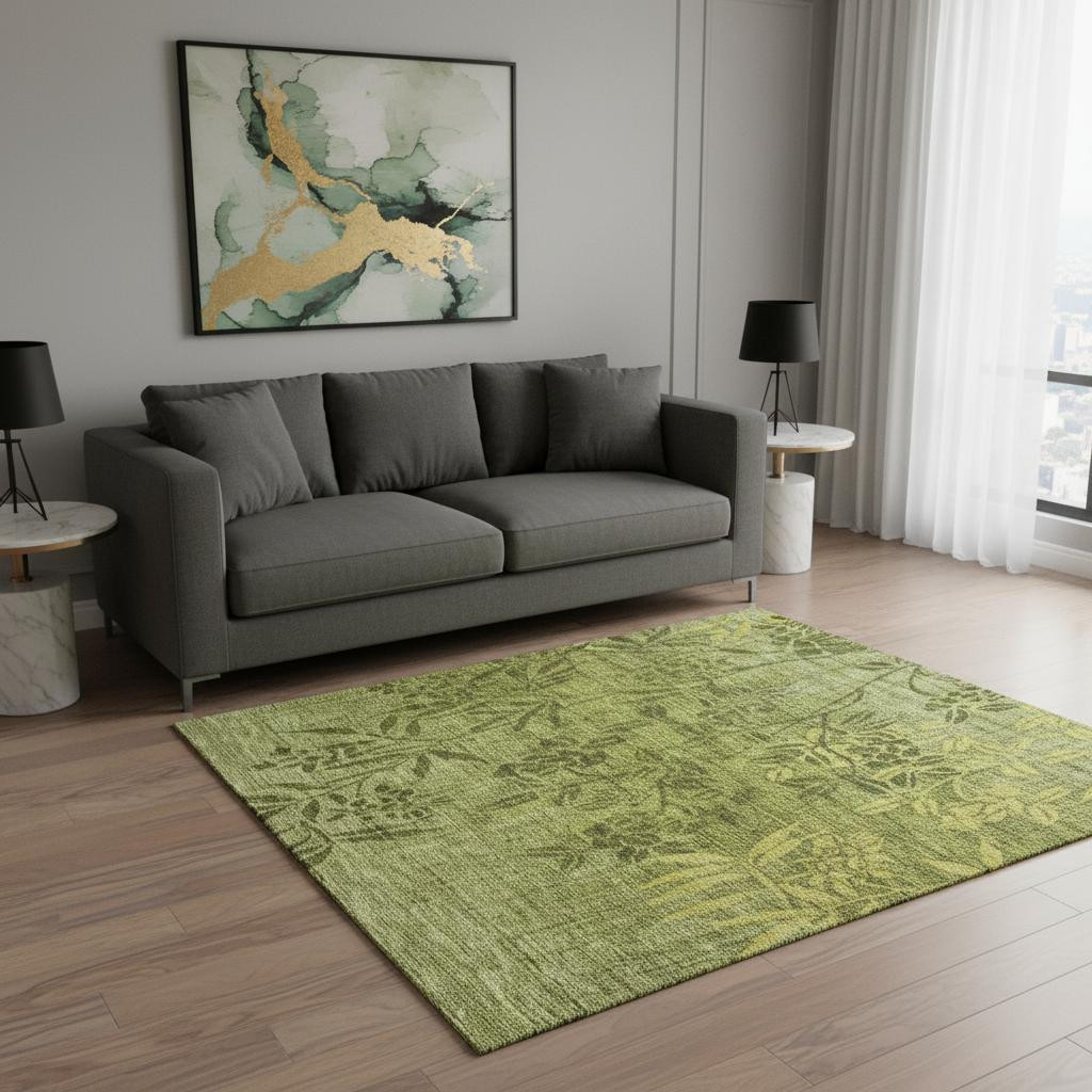 655658 5 x 8 ft. Olive Green & Gold Floral Washable Machine Made Rectangle Area Rug with UV Protection
