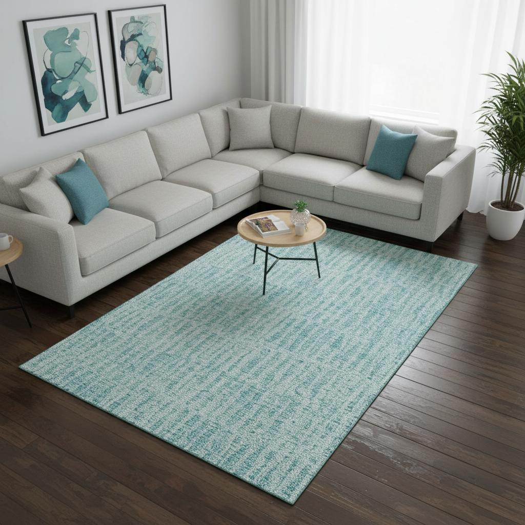 655698 10 x 14 ft. Teal & Ivory Striped Transitional Washable Machine Made Rectangle Area Rug with UV Protection
