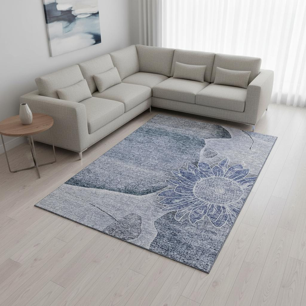 656794 9 x 12 ft. Blue & Ivory Floral Transitional Washable Machine Made Rectangle Area Rug with UV Protection