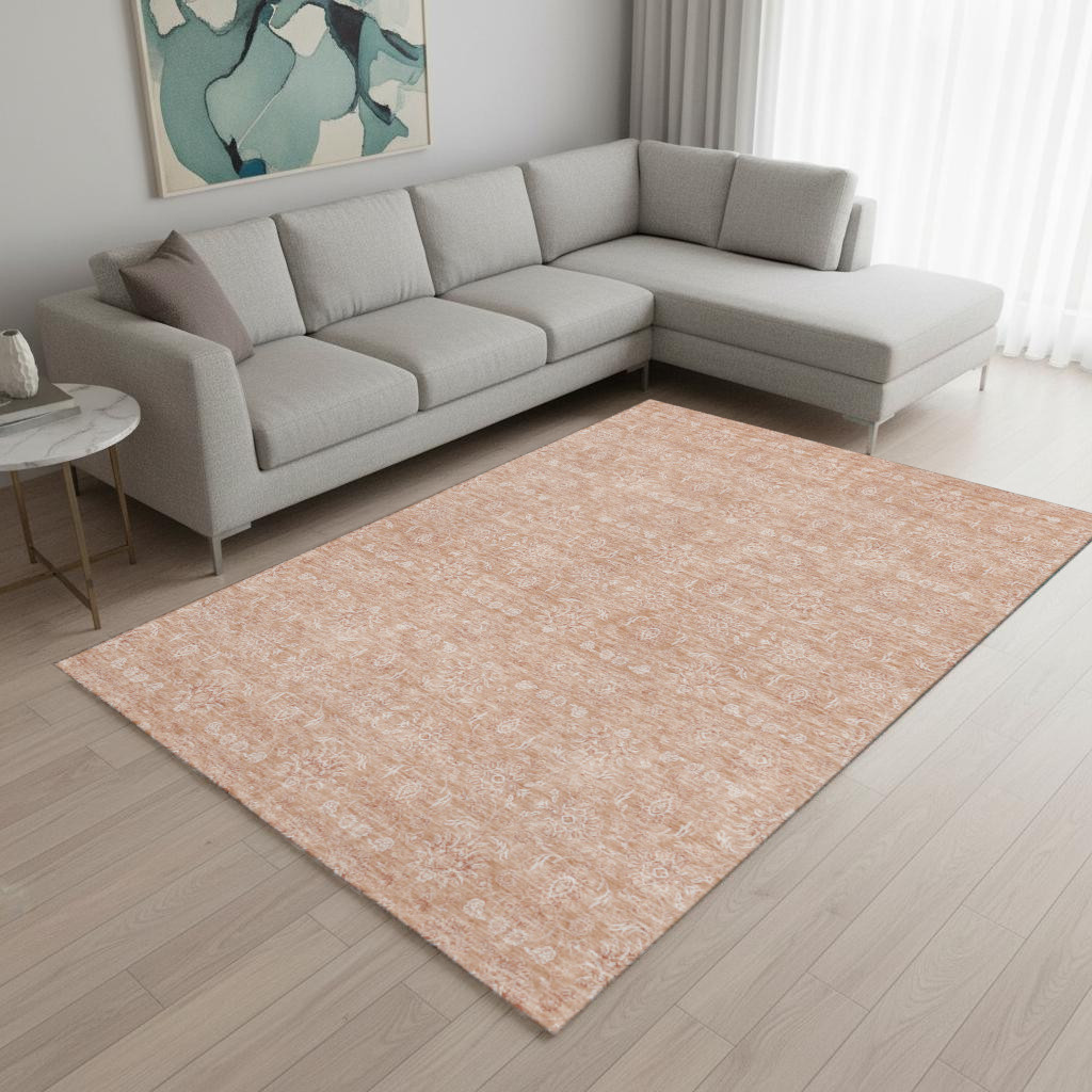 656890 9 x 12 ft. Coral & Ivory Floral Washable Machine Made Rectangle Area Rug with UV Protection