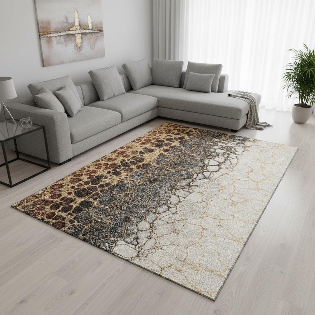 657077 10 x 14 ft. Ivory Gray & Gold Abstract Washable Machine Made Rectangle Area Rug with UV Protection